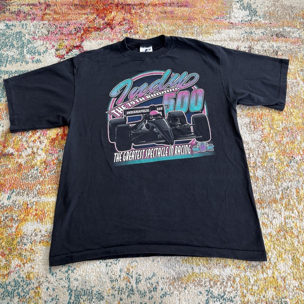 Vintage 1995 Indy 500 T-Shirt Mens XL Black Logo Athletic 79th Running